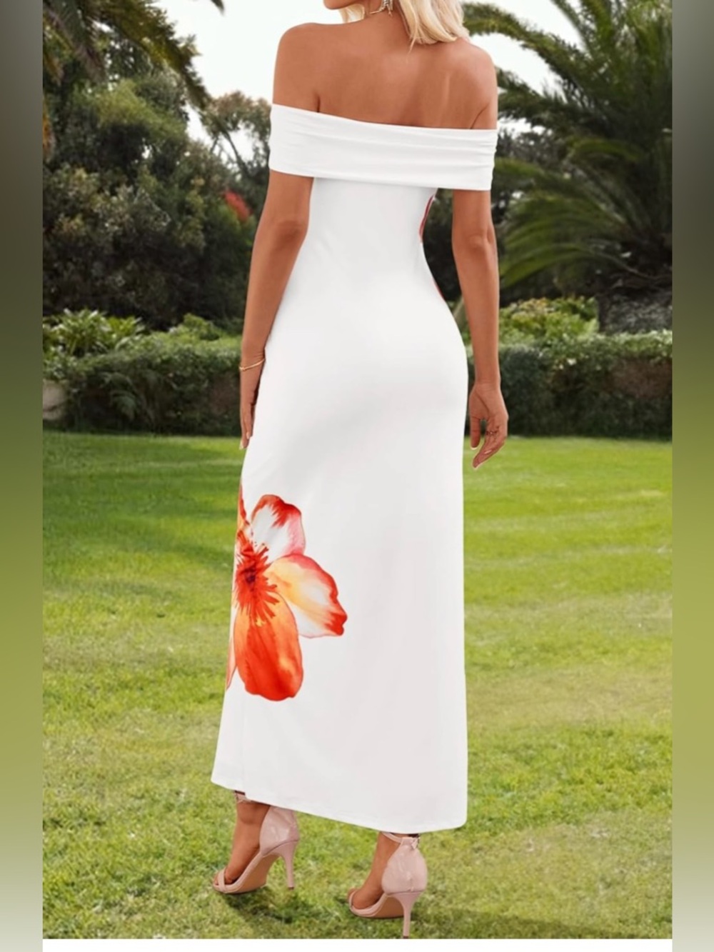 White Off shoulder Floral Midi Dress with Orange Blossom Accents - Picture 2 of 7